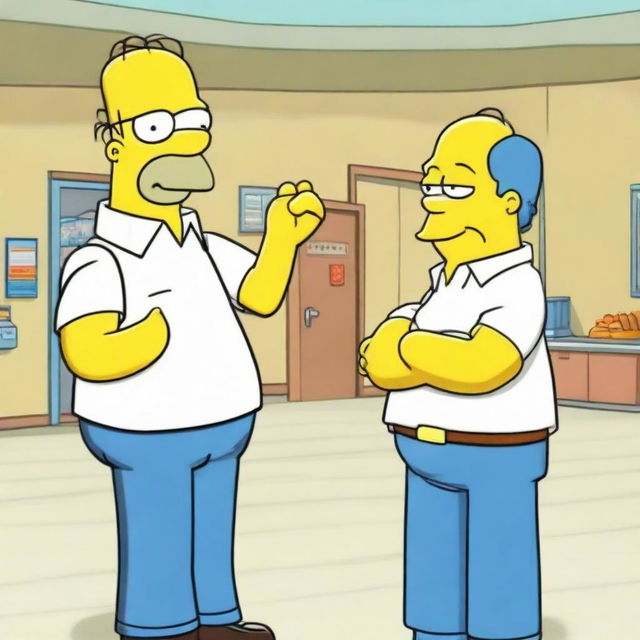 Internet personality Maxmoefoe, a presentable young man with a mischievous smile, meeting Homer Simpson, the cartoon character with a bald head, white shirt, and blue pants