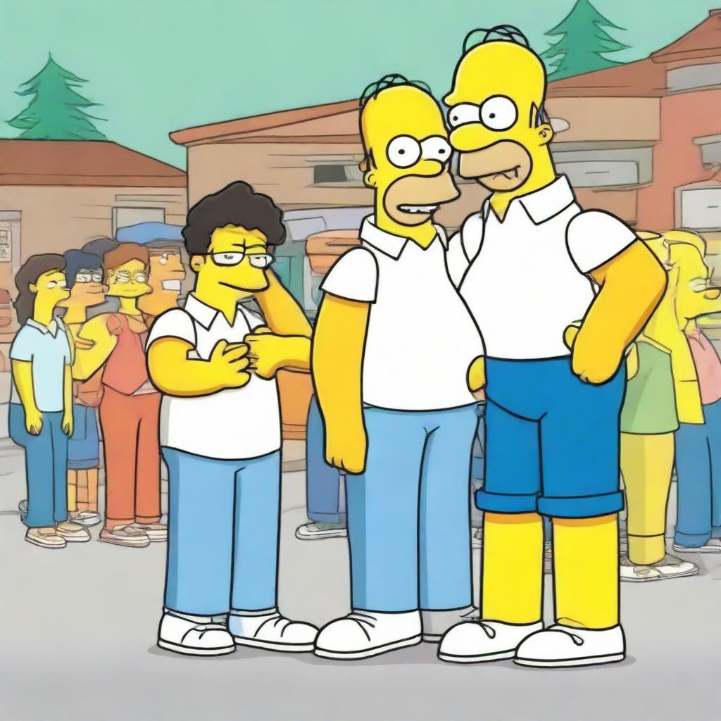 Internet personality Maxmoefoe, a presentable young man with a mischievous smile, meeting Homer Simpson, the cartoon character with a bald head, white shirt, and blue pants