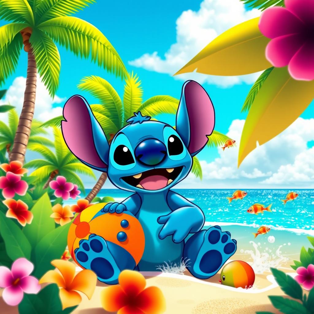 A bright, colorful tropical scene featuring a cheerful blue alien creature resembling Stitch from Lilo & Stitch, surrounded by lush green palm trees and vibrant flowers