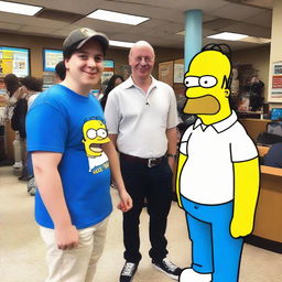 Internet personality Maxmoefoe, a presentable young man with a mischievous smile, meeting Homer Simpson, the cartoon character with a bald head, white shirt, and blue pants