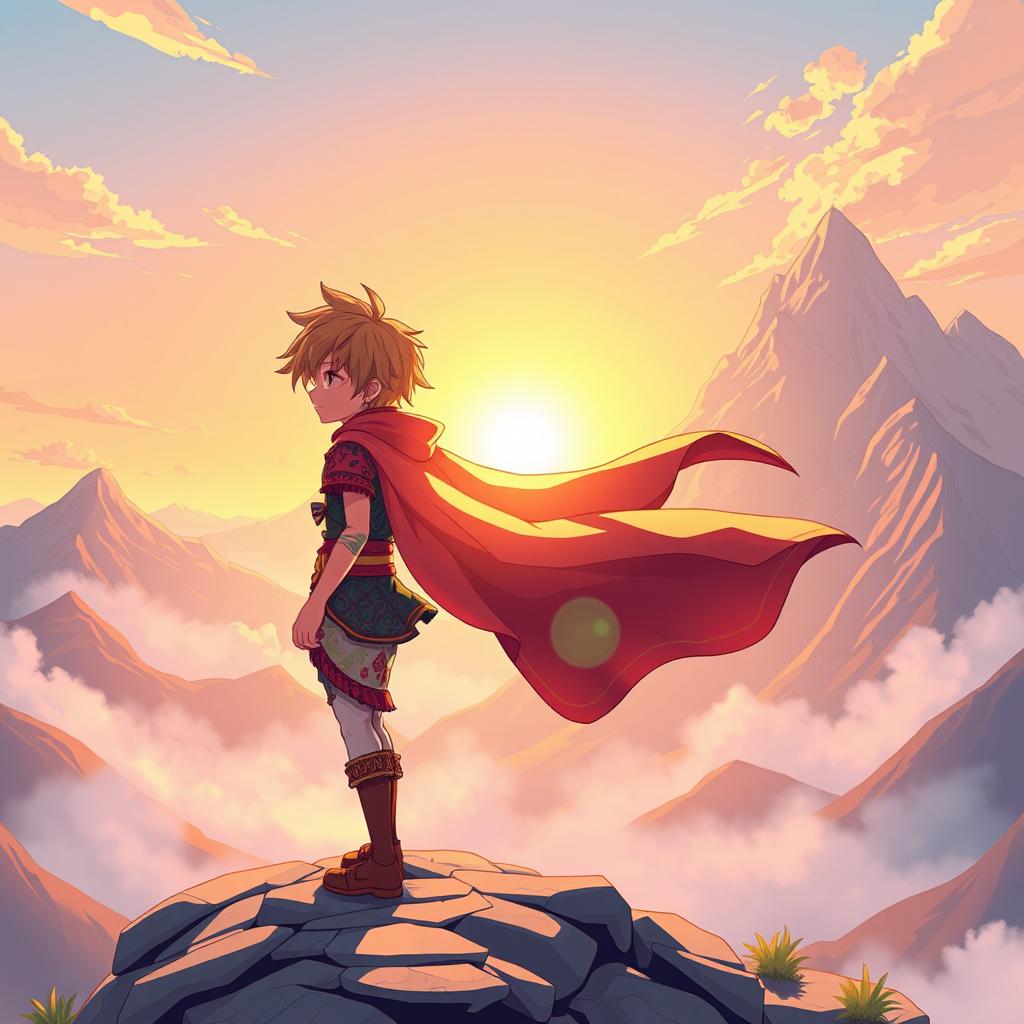 A vibrant anime-style scene of a young hero standing on a mountain peak at sunrise, gazing into the distant horizon