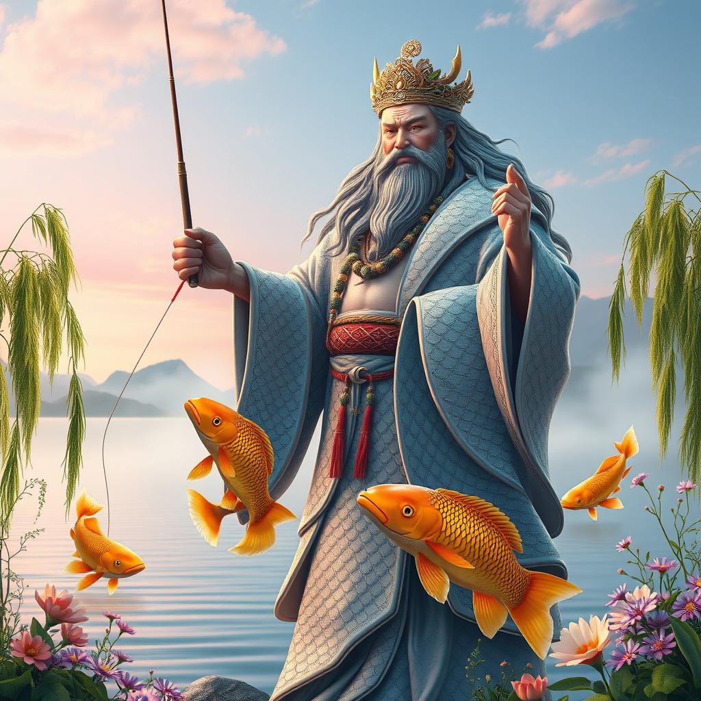 A majestic deity of carp fishing, portrayed as a powerful figure standing by a serene lake at dawn