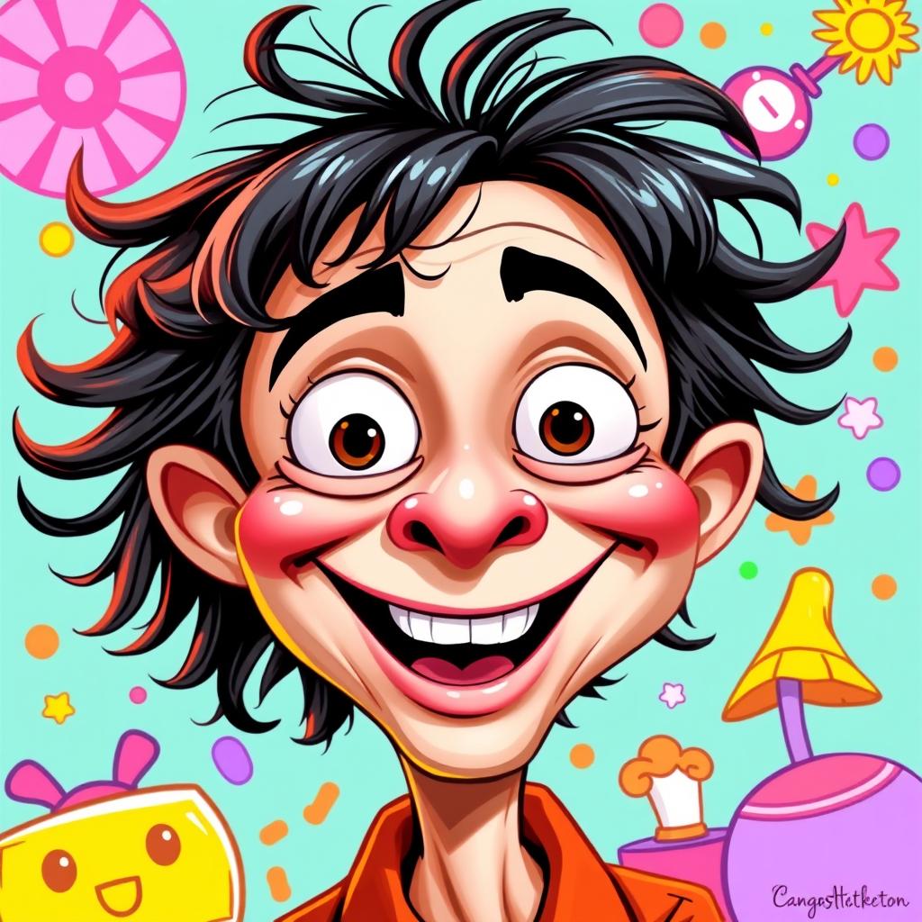A lively and humorous caricature of a person with exaggerated facial features and oversized expressions, showcasing a playful and vibrant atmosphere