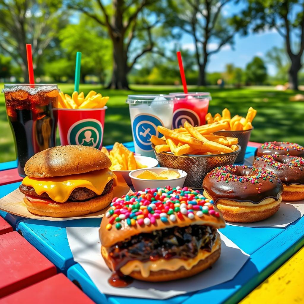 A vibrant and engaging scene featuring a variety of unhealthy foods on a colorful picnic table