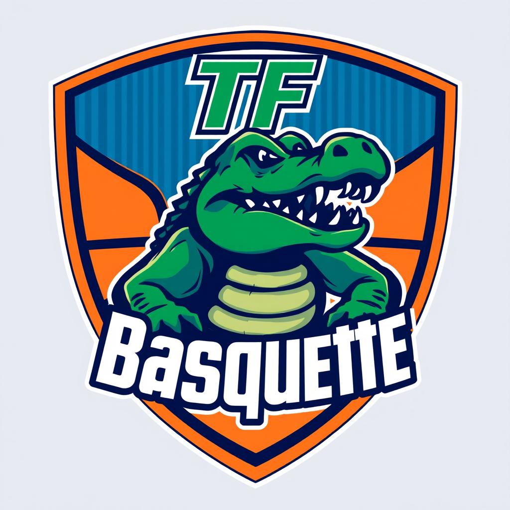 A basketball team shield featuring a fierce crocodile as the mascot prominently displayed in the center