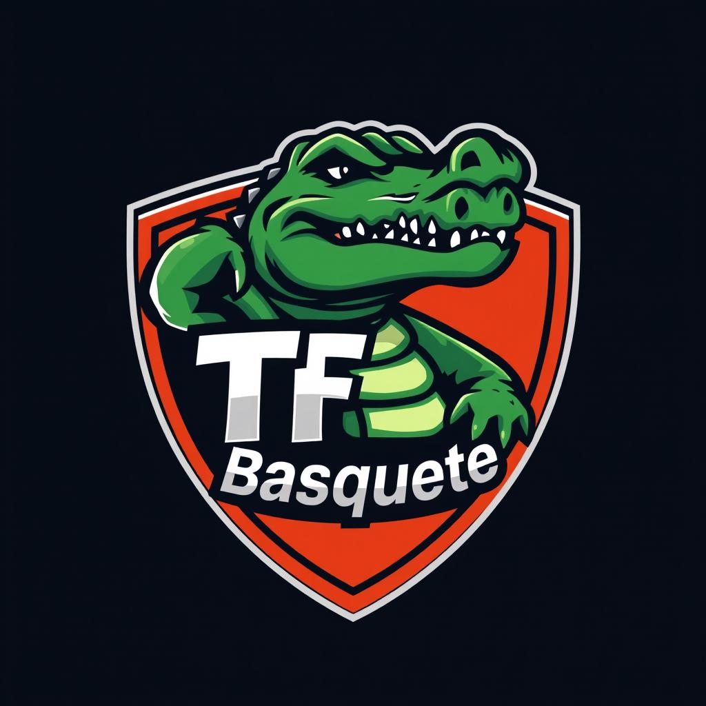 A detailed and realistic basketball team shield design featuring a crocodile mascot
