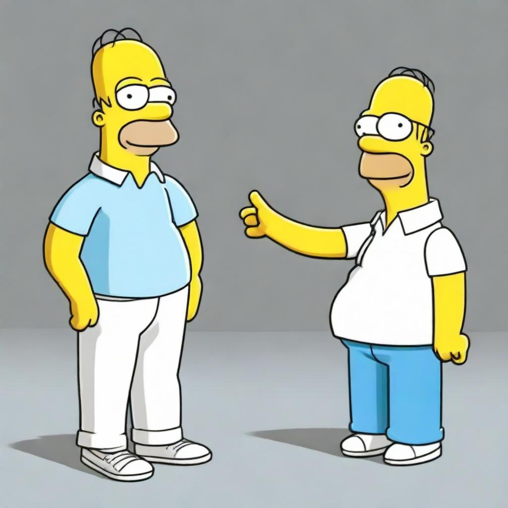 Maxmoefoe, a young man known for his eccentric style and smile, meeting Homer Simpson, the cartoon character with a bulging belly, bald head, white shirt, and blue pants