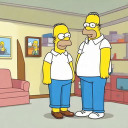 Maxmoefoe, a young man known for his eccentric style and smile, meeting Homer Simpson, the cartoon character with a bulging belly, bald head, white shirt, and blue pants