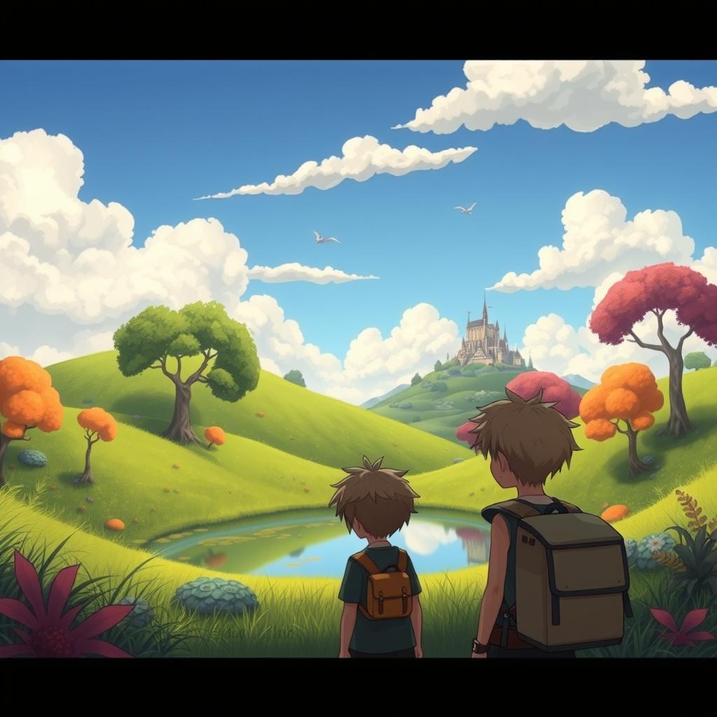 An enchanting landscape inspired by Studio Ghibli, featuring lush green hills, whimsical trees with oversized colorful leaves, and a serene pond reflecting the sky