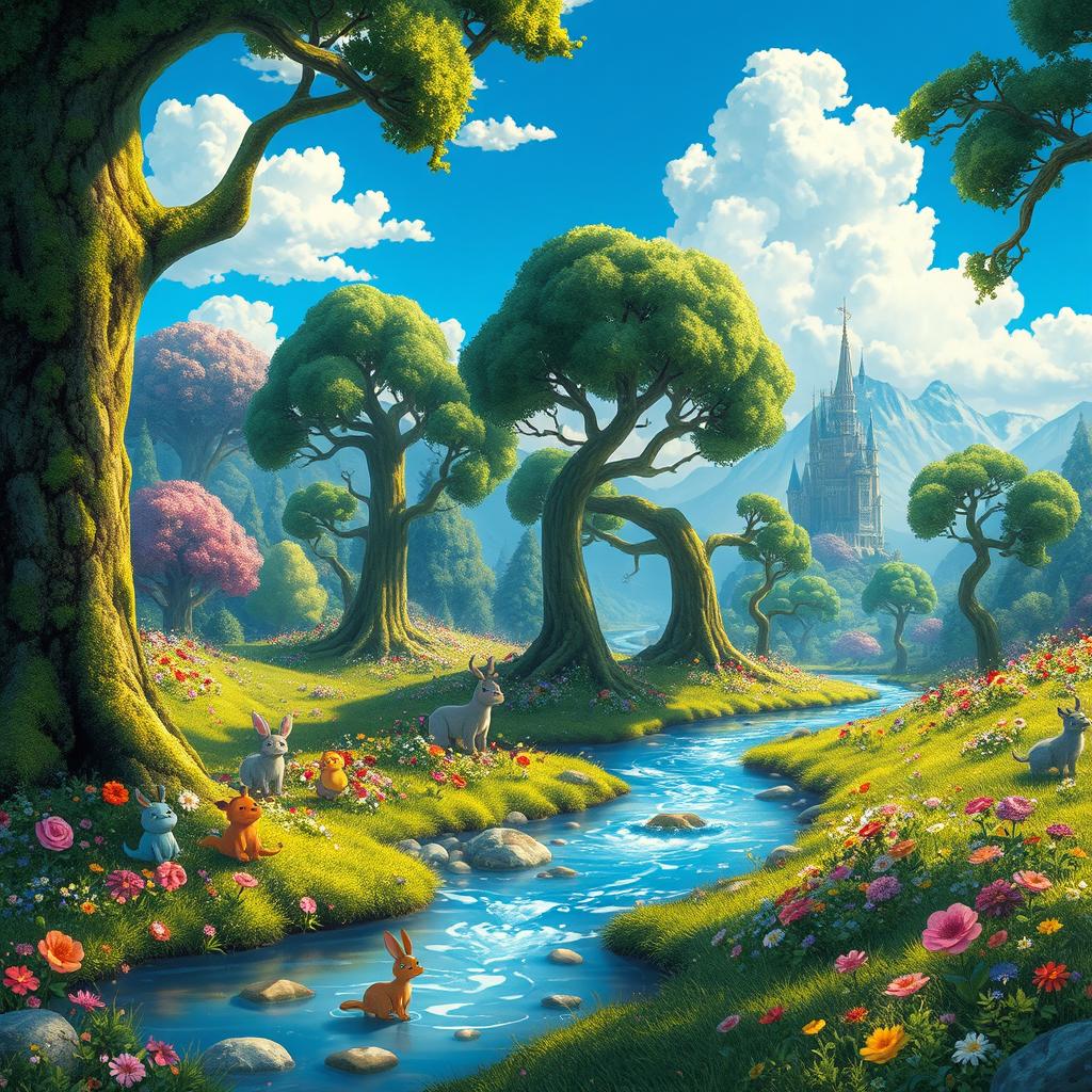 An enchanting fantasy landscape depicting a lush, vibrant forest filled with whimsical creatures, multi-colored flowers, and towering trees with moss-covered trunks