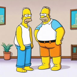 Maxmoefoe, a young man known for his eccentric style and smile, meeting Homer Simpson, the cartoon character with a bulging belly, bald head, white shirt, and blue pants