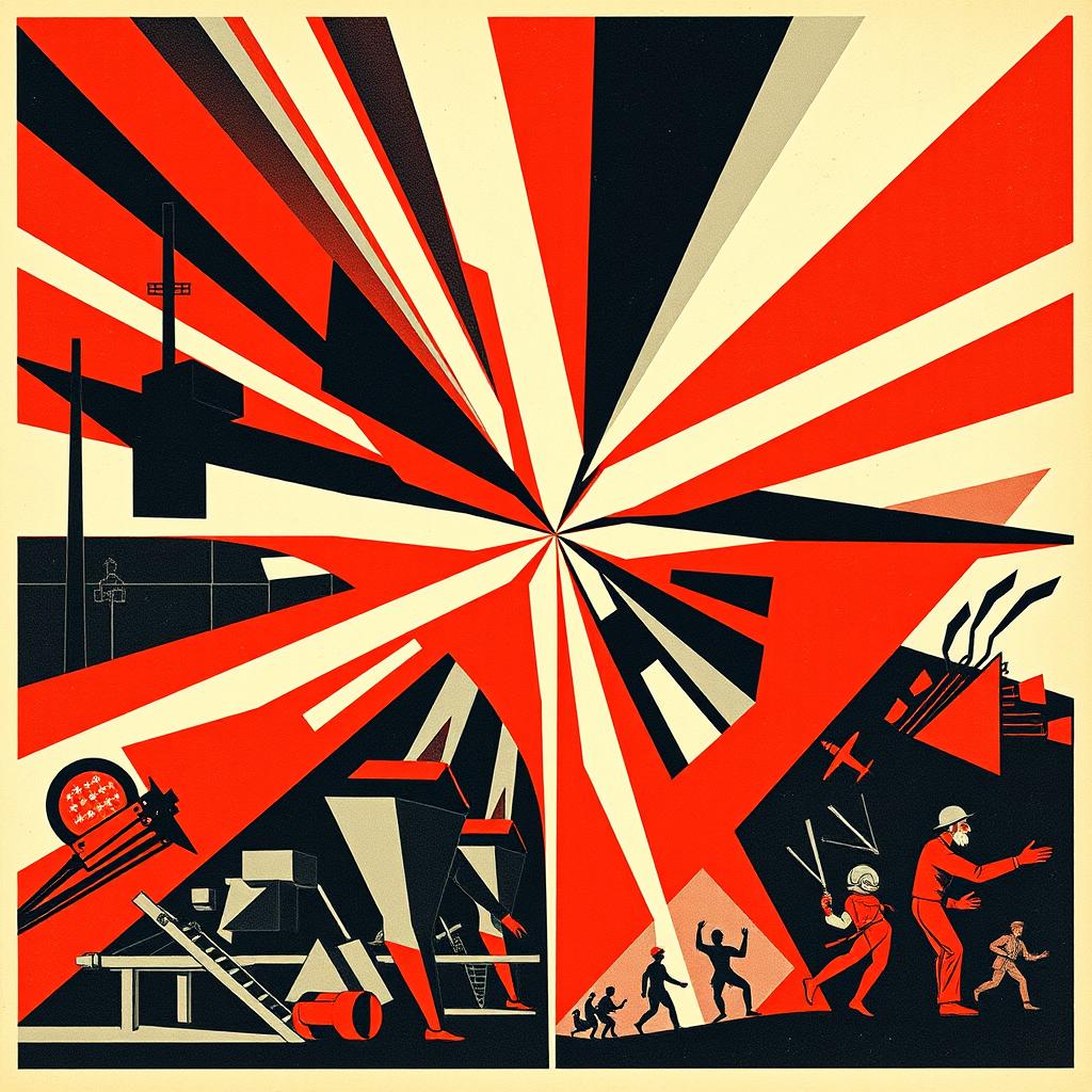 A vibrant and dynamic composition in the style of Russian Constructivism, showcasing bold geometric shapes arranged in an explosive yet harmonious layout