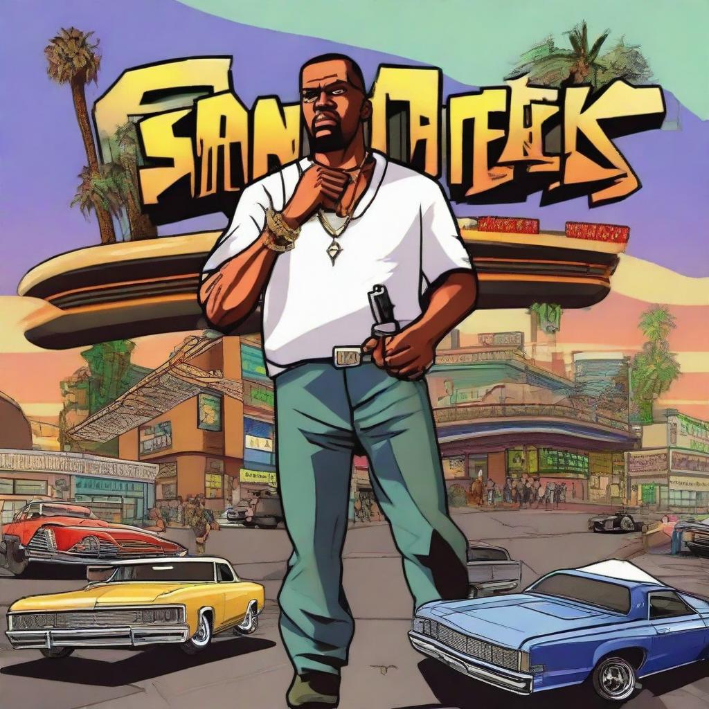 The unreleased game cover of 'Grand Theft Auto San Andreas 2', filled with vivid colors, a city backdrop, shiny vehicles, unique characters, and iconic game logos