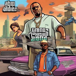 The unreleased game cover of 'Grand Theft Auto San Andreas 2', filled with vivid colors, a city backdrop, shiny vehicles, unique characters, and iconic game logos