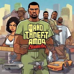 The unreleased game cover of 'Grand Theft Auto San Andreas 2', filled with vivid colors, a city backdrop, shiny vehicles, unique characters, and iconic game logos