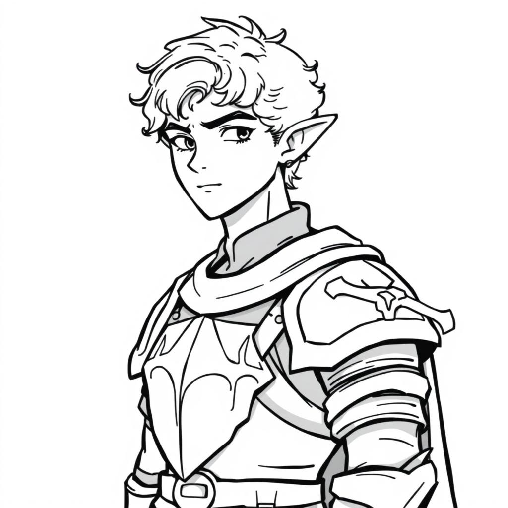 A male elf knight with short curly hair, depicted in black and white