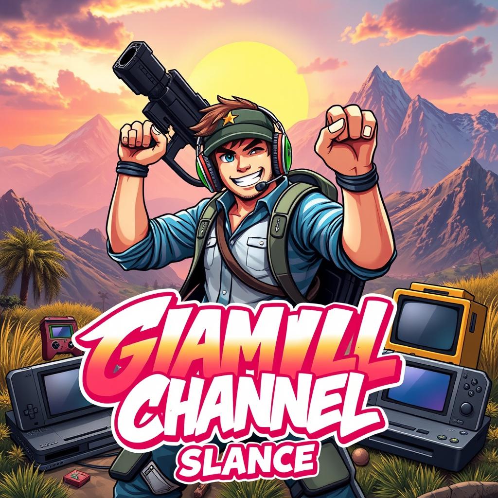 A vibrant and colorful thumbnail for a gaming channel featuring an action-packed scene