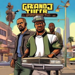 The unreleased game cover of 'Grand Theft Auto San Andreas 2', filled with vivid colors, a city backdrop, shiny vehicles, unique characters, and iconic game logos