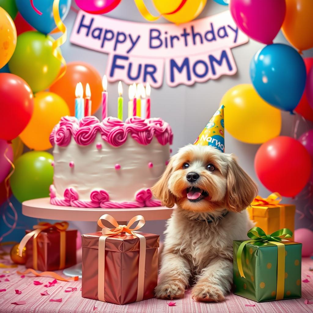 A whimsical and colorful birthday celebration scene, featuring a large, beautifully decorated cake with candles