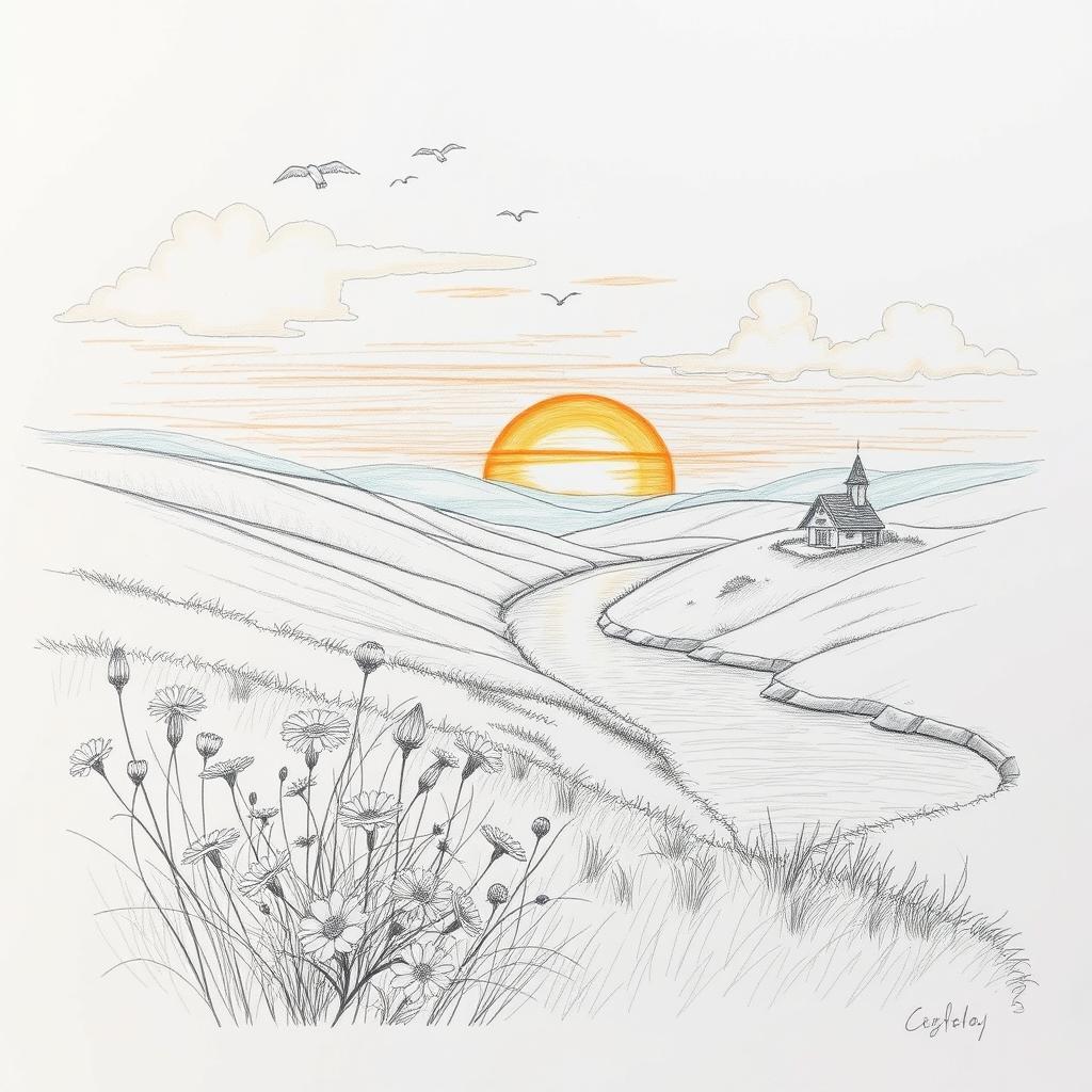 A beautiful and intricate pencil sketch depicting a serene landscape with rolling hills, a winding river, and a vibrant sunset in the sky