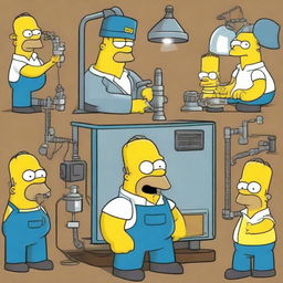 A day in the life of a welder as depicted by 'The Simpsons'. Show various common welder tasks humorously illustrated in the iconic style of The Simpsons.