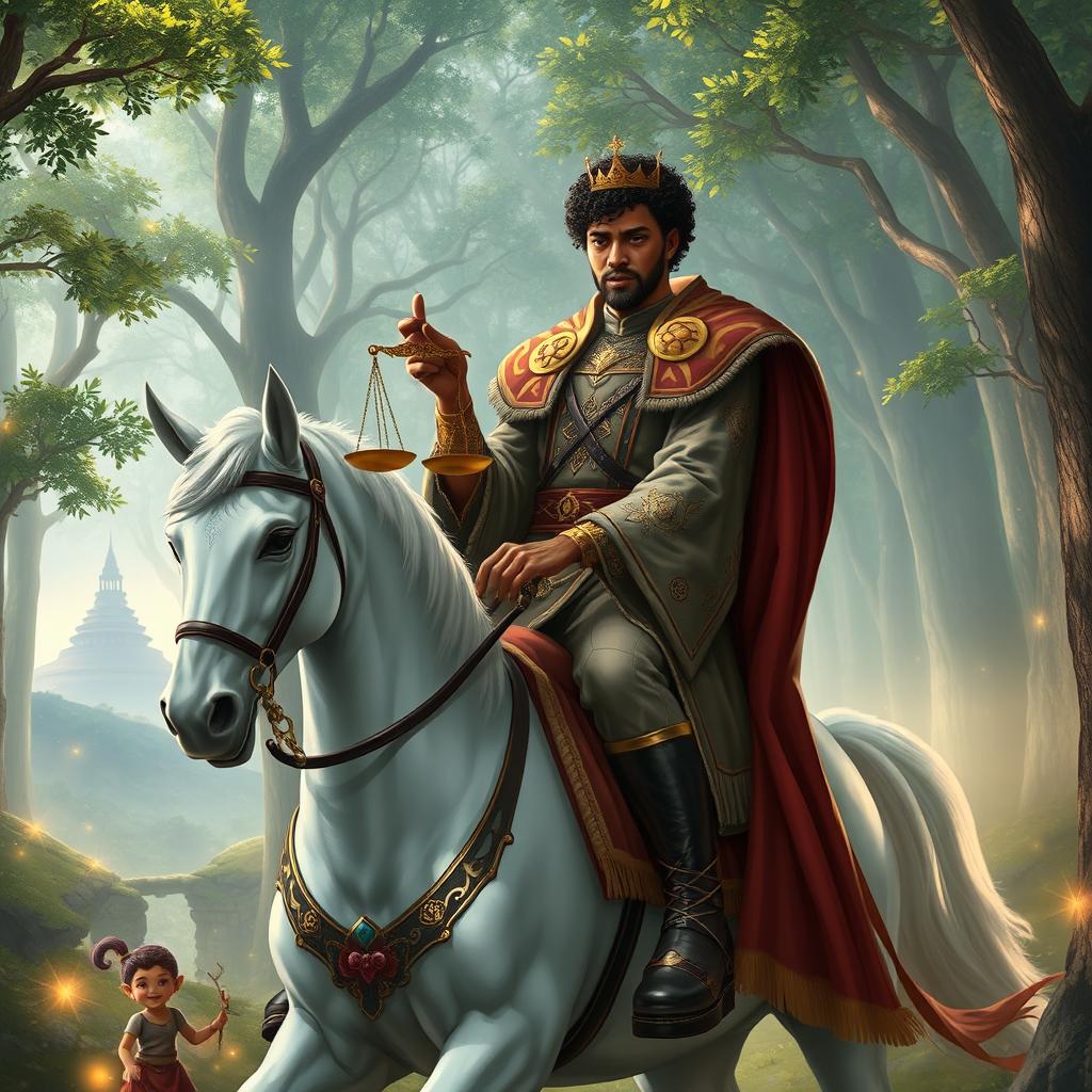 A tall, black prince with short, curly hair riding a majestic white horse, dressed in a royal outfit adorned with intricate designs