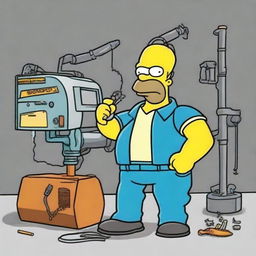 A day in the life of a welder as depicted by 'The Simpsons'. Show various common welder tasks humorously illustrated in the iconic style of The Simpsons.