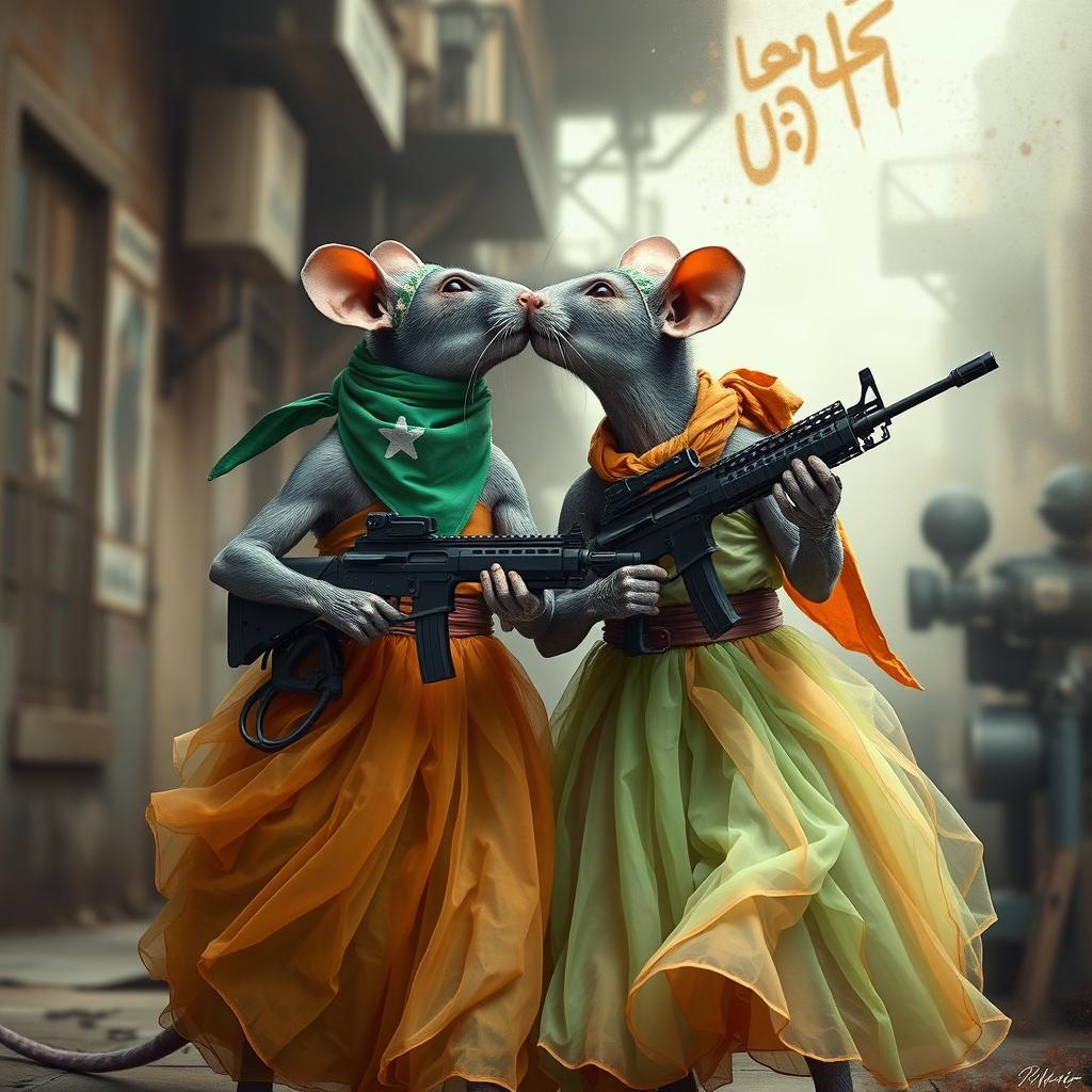 A surreal and imaginative scene featuring anthropomorphic rat-like Hamas fighters, adorned with green Hamas bandanas, showcasing a unique blend of toughness and unexpected softness