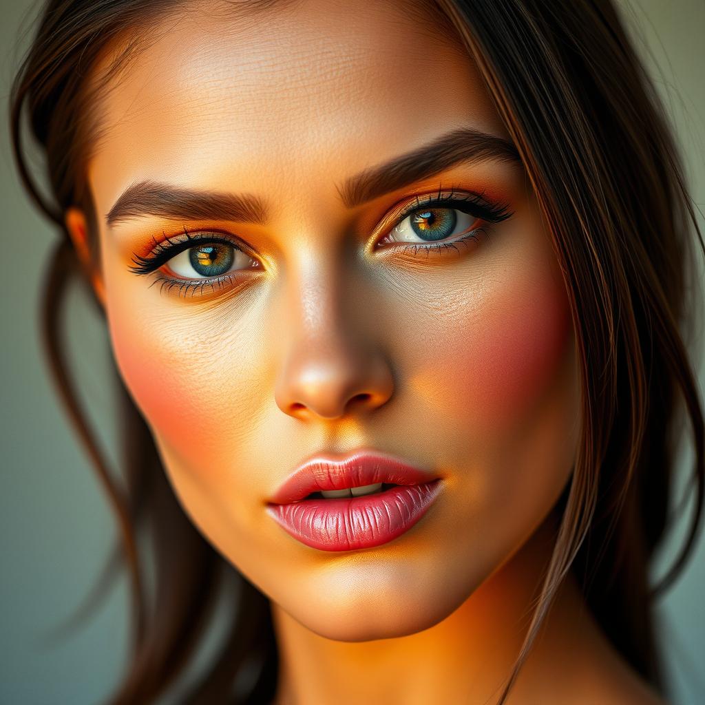 A close-up portrait of a striking model with flawless skin, captivating eyes, and an elegant hairstyle, showcasing vibrant and colorful makeup that highlights her features