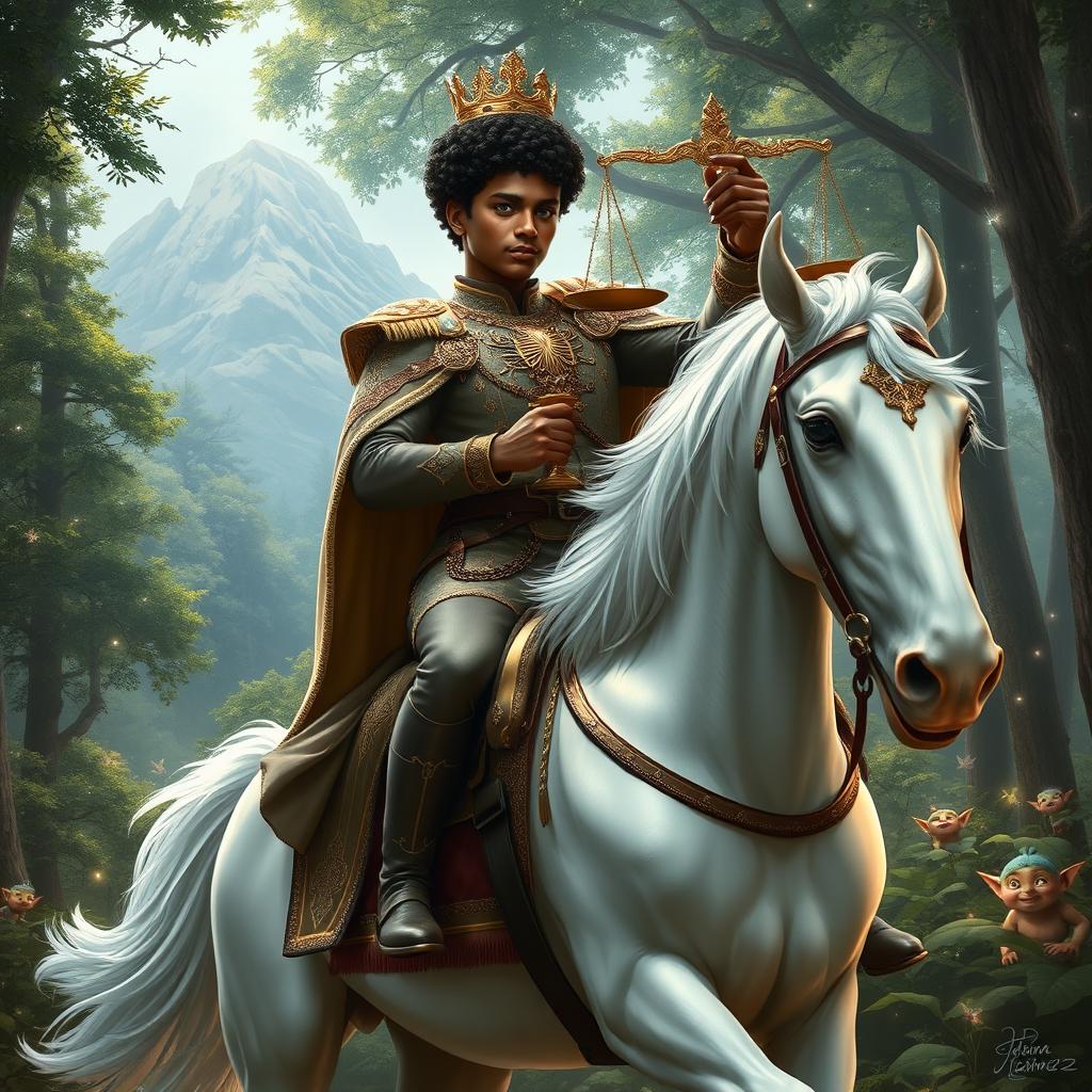A tall, black prince with short, curly hair elegantly riding a magnificent white horse, donned in a luxurious royal attire with elaborate details