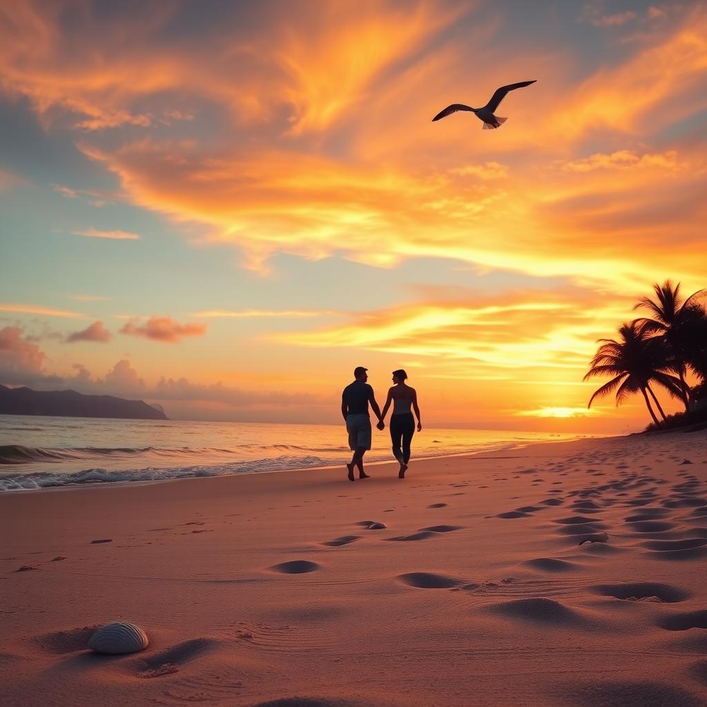 A serene beach scene at sunset, showcasing soft sand, gentle waves lapping at the shore, and a distant silhouette of mountains under a colorful sky filled with oranges, pinks, and purples
