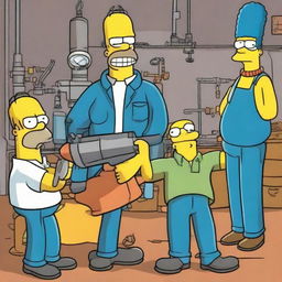 A day in the life of a welder as depicted by 'The Simpsons'. Show various common welder tasks humorously illustrated in the iconic style of The Simpsons.