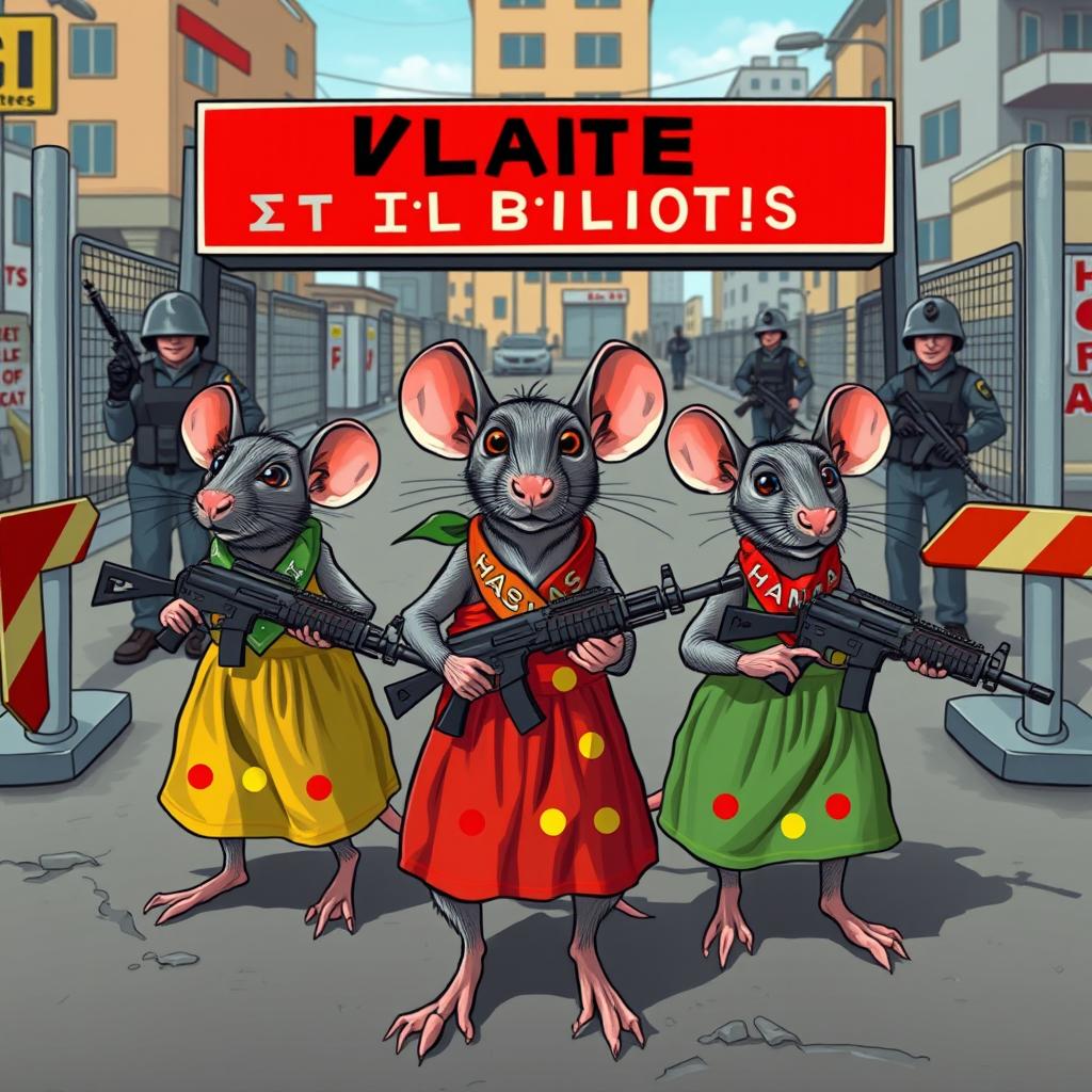 Surreal Art: Cartoonish Rats in Colorful Dresses at a Checkpoint