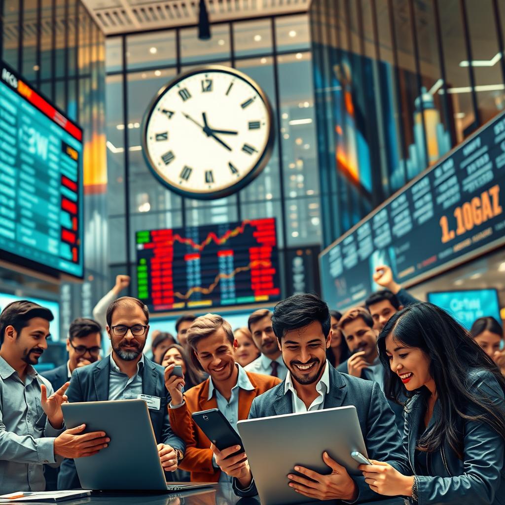 An artistic representation of trading, featuring a bustling stock market scene