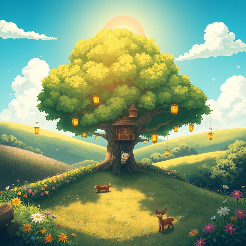 A whimsical and enchanting scene in the spirit of Ghibli, featuring a lush, verdant landscape with rolling hills and vibrant flowers swaying in the gentle breeze
