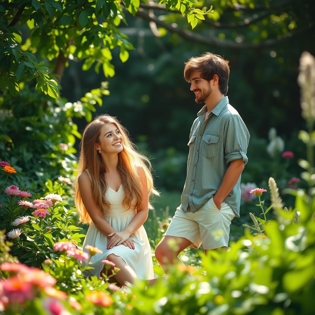 A serene outdoor scene featuring a woman sitting peacefully in a lush green garden, adorned with vibrant flowers and soft sunlight filtering through the leaves