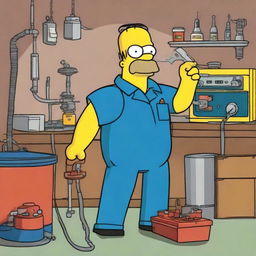 A day in the life of a welder as depicted by 'The Simpsons'. Show various common welder tasks humorously illustrated in the iconic style of The Simpsons.