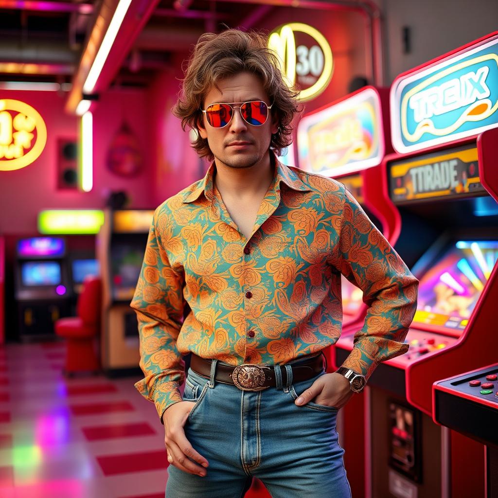 A stylish old school man from the 80s, wearing a bright patterned shirt and high-waisted jeans, with unkempt curly hair and large sunglasses that reflect the vibrant colors around him