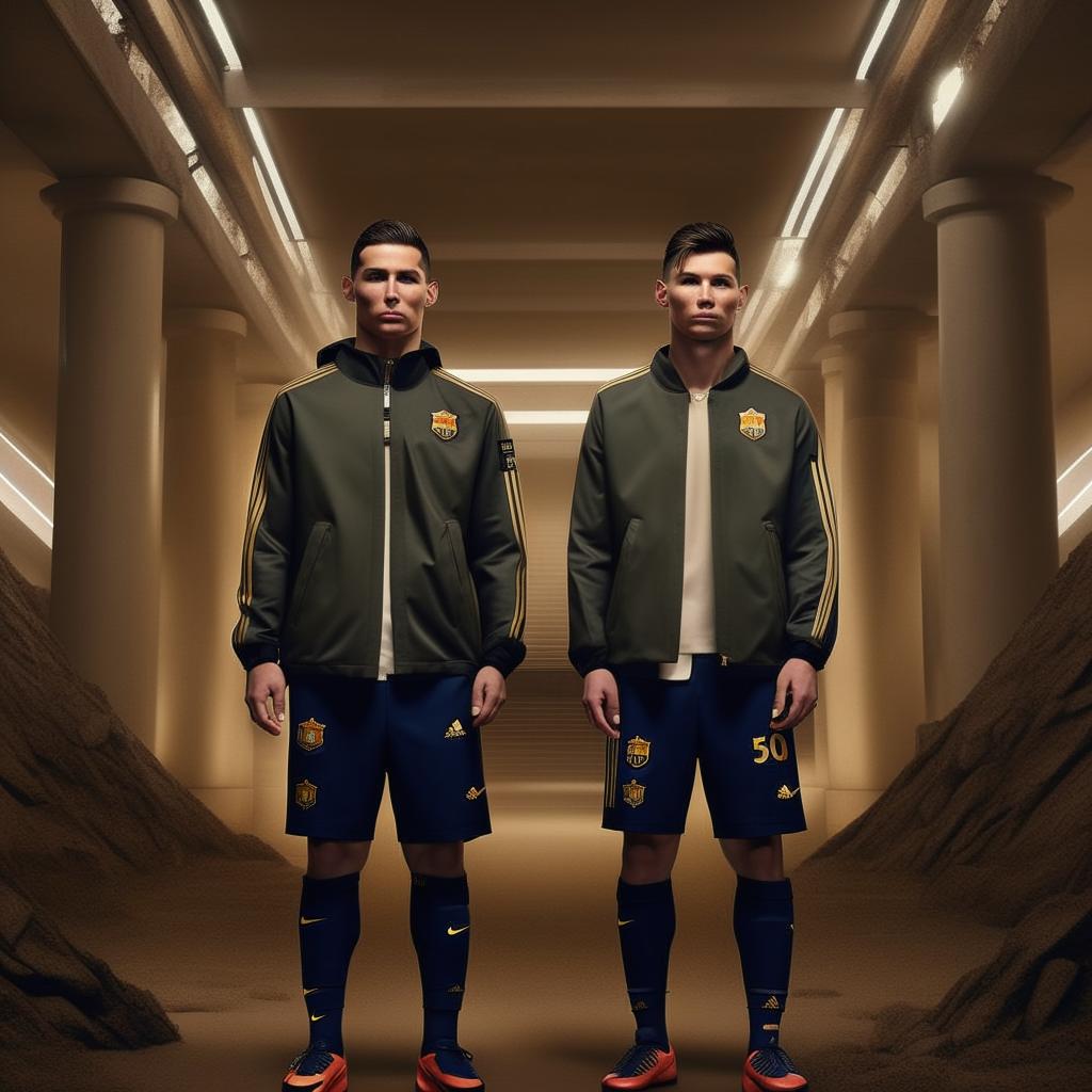 Cristiano Ronaldo and Lionel Messi wearing Stone Island clothes in a posh, modern environment