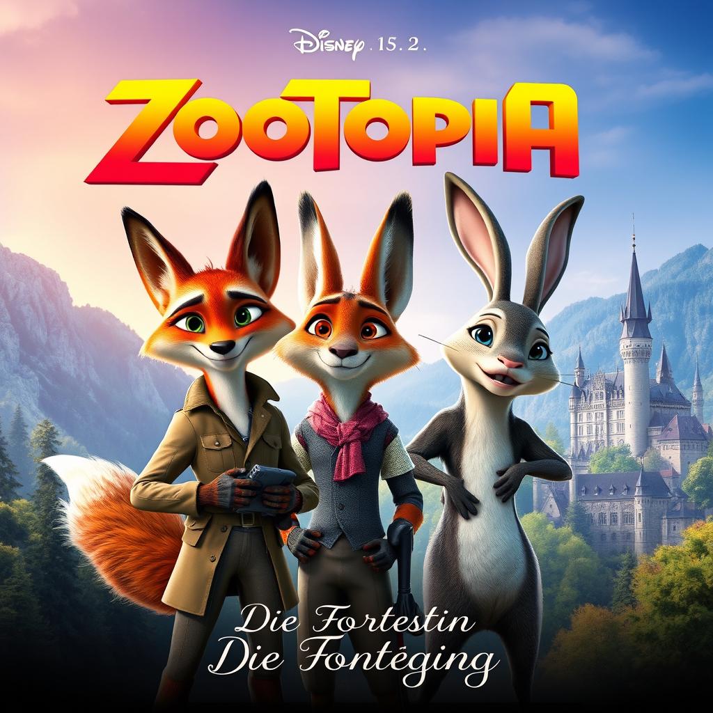 Ein lebhaftes und ansprechendes Filmplakat für eine fiktive deutsche Adaption von Zootopia 2