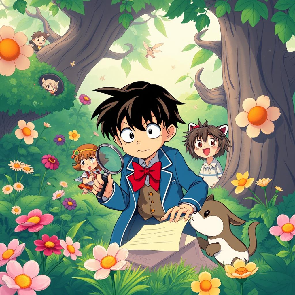 A whimsical studio Ghibli-style reinterpretation of Detective Conan, featuring a young boy detective with messy black hair, wearing a classic blue suit and red bow tie