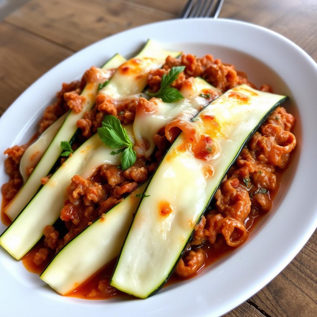 A beautifully plated lasagna made with long, thin, wide, well-cooked white zucchini slices that are slightly irregular in shape