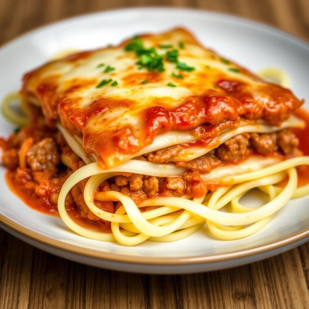 A delicious plate of lasagna made with long, thin, wide, white zucchini noodles that are well-cooked and slightly uneven at the edges