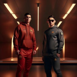 Cristiano Ronaldo and Lionel Messi wearing Stone Island clothes in a posh, modern environment