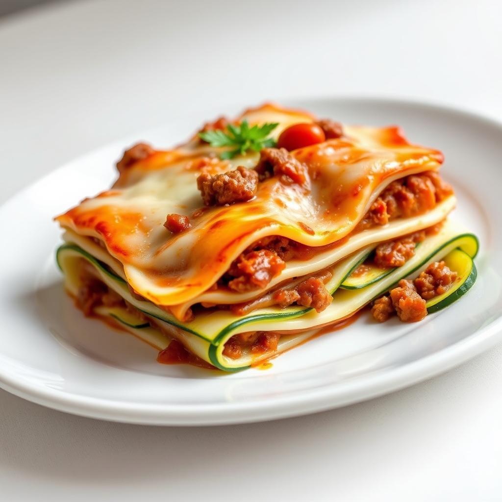 A delicious plate of lasagna made with long, thin, wide white zucchini slices that are well-cooked and slightly irregular at the edges
