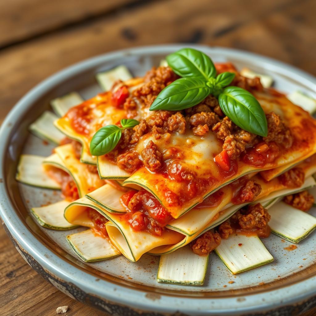 A delicious layered lasagna made from long, wide, thin strips of white zucchini, perfectly cooked and slightly irregular around the edges