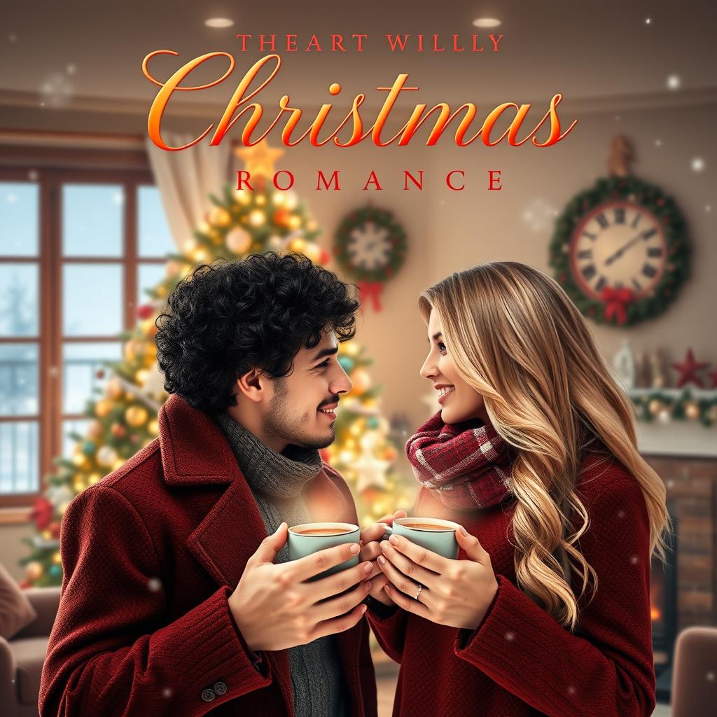 A heartwarming Christmas romance book cover featuring a cozy winter scene