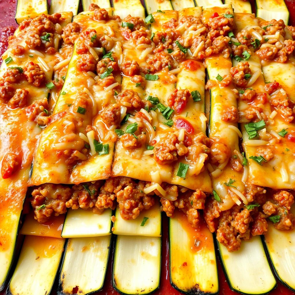 A delicious zucchini lasagna made with long, wide, thin white zucchini slices that are well-cooked and slightly uneven around the edges
