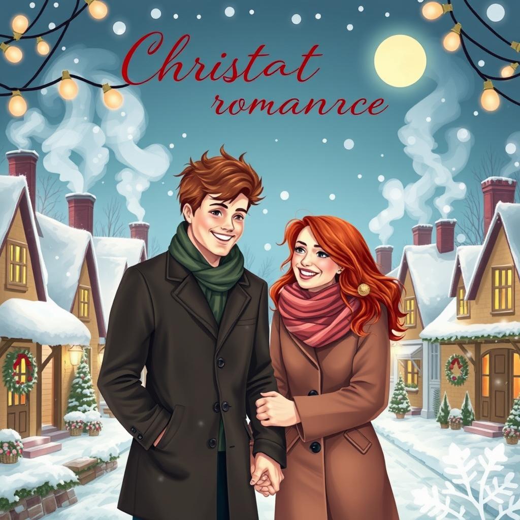 A charming Christmas romance book cover featuring a picturesque snowy village scene