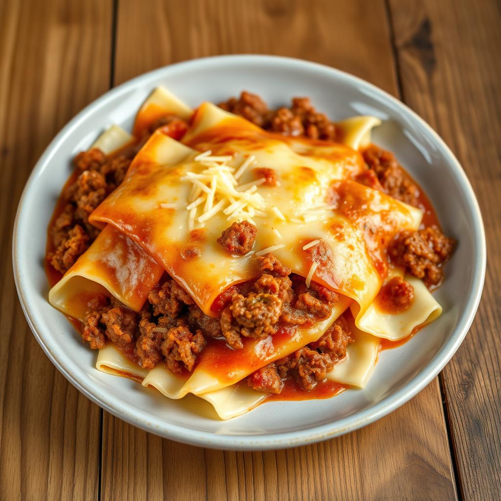 A plate of lasagna made with long, wide, thin, and well-cooked white zucchini sheets, featuring irregular edge shapes